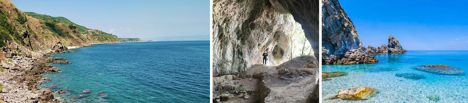 Left: the coast of Caletta Rovaglioso, cliff Porto Oreste. Center: the interior of the Pietrosa cave on the Trachina's beach. Right: the rocks of Marina di Palmi.