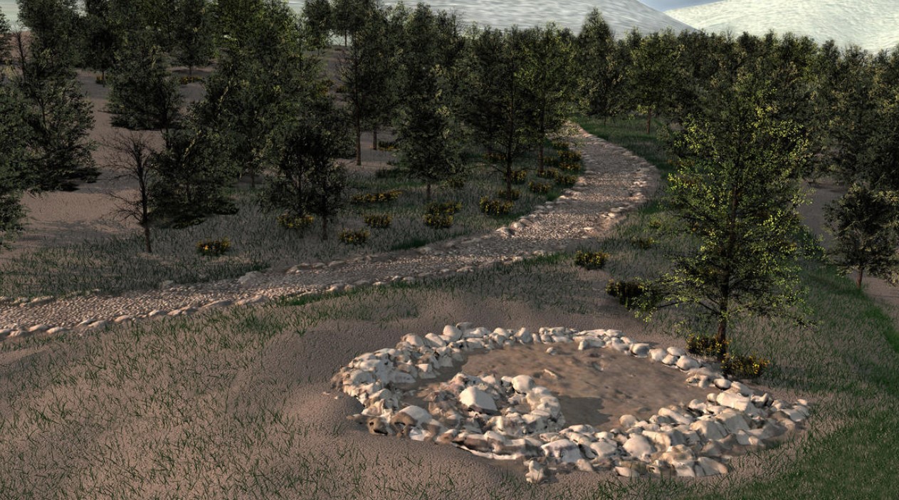 A graphic reconstruction of the Bronze Age road next to the sacred enclosure in Campi Neri at Cles, Val di Non. See what it looks like today