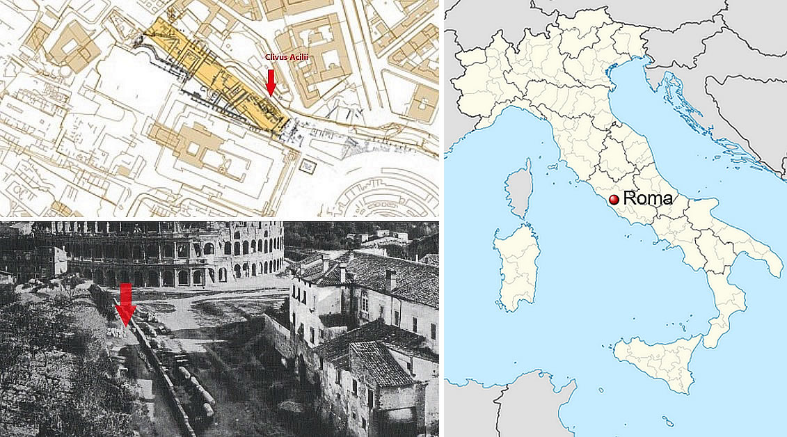 Top – The area of the Velia’s demolition (in yellow) and Roman-era structures (in black) uncovered between 1931–1932, mapped onto modern topography. Bottom – Buildings on the slopes of the Colosseum and the Velia before demolition. The red arrow indicates the Clivus of Acilius.