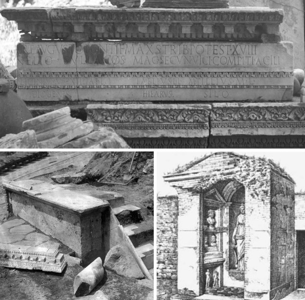 Remains of the compitum Acilli discovered in 1932 during the Velia’s demolition, including the inscription on the architrave, and an example of a compitum from Ostia Antica.