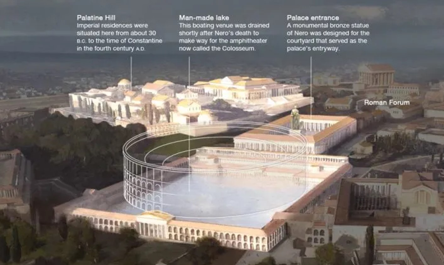 Domus Aurea and an overlay of the colosseum on Neros lake.