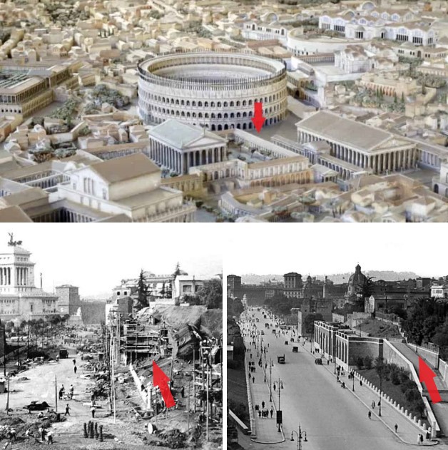 Location of the Clivus of Acilius in the model of Ancient Rome.. 1932 photos of the Velia’s demolition, showing the destruction and later reconstruction (1945 photo) of the Clivus of Acilius.