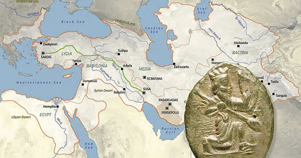 Map of the Achaemenid Empire at its peak (under Darius I) and Gold stater minted under Persian Achaemenid rule (5th century BC) - Israel Museum, Jerusalem.
