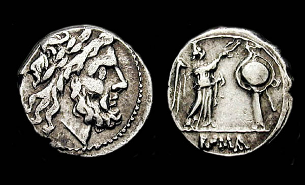 Victoriatus (after 211 BCE). Jupiter facing right; Victory standing crowning a trophy; ROMA in exergue.