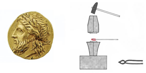 Zeus coin and minting tools image description] Zeus with laurel wreath, 6th century BC, and tools for minting a coin.