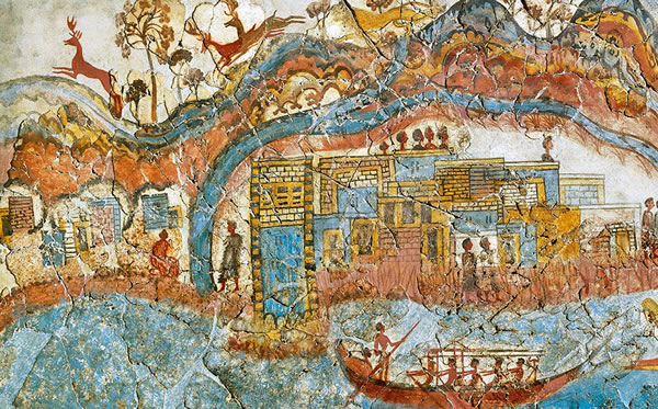 Mural painting found in the rubble of a house in Thera (modern Santorini) depicting the return to port of a Minoan ship, 16th century BC - National Archaeological Museum, Athens.