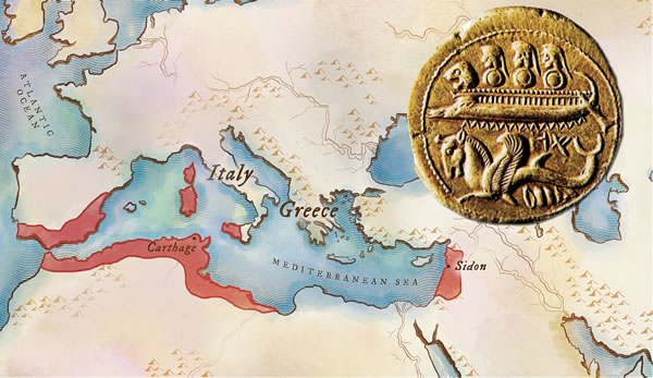 Map of Phoenician civilization in 331 BCE and Gold coin with Phoenician warship, 340 BC, found in Byblos - National Museum, Beirut. This coin bears the emblems of Phoenician power: a rowed ship and a group of soldiers with helmets and spears. The lower part of the coin is decorated with a mythological figure, a symbol of strength.