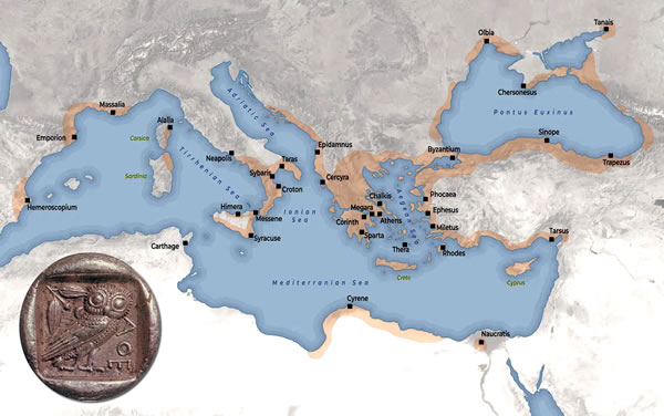 Map of ancient Greece and Greek colonies (8th-6th century BCE) and Tetradrachm of Athens, 5th century BC - Museum of Art and History, Geneva. - This four-drachma silver coin bears the mark of the owl, an animal symbolizing Athena, patron goddess of the city. The owl, whose scientific name is Athene noctua, is characteristic for its large and shining eye, which allows it clear and sharp vision especially at night. Reflected in the owl's skillful eye is one of the main characteristics of Athena, considered, not by chance, also the goddess of clarity, reason, and wisdom.
