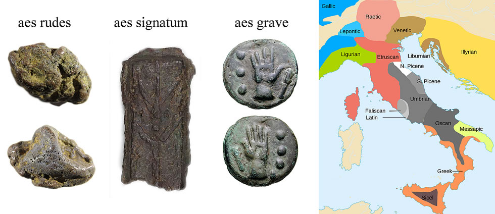 Ethnolinguistic map of Italy in the Iron Age, before the Roman expansion and conquest of Italy and Bronze aes rude from 5th-4th century BC, Italy - aes signatum bronze ingot with 'dry branch' imprint, 6th century BC, Civic Museum of Modena - Quadrans (c. 230–226 BC)