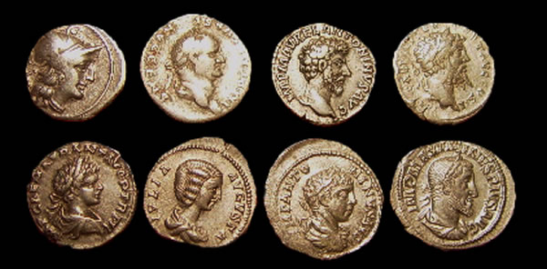 8 Roman denarii; left to right, row 1 : ca 157 BC Roman Republic, ca 73 AD Vespasian, ca 161 AD Marcus Aurelius, ca 194 AD Septimius Severus; row 2: ca 199 AD Caracalla, ca 200 AD Julia Domna, ca 219 AD Elagabalus, ca 236 AD Maximinus Thrax