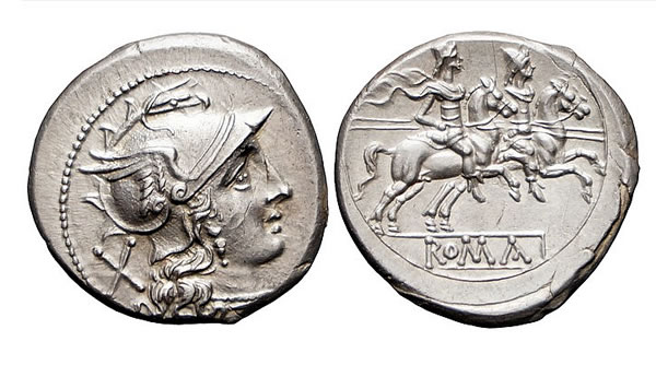Head of Roma with winged Attic helmet; behind, X. Reverse: ROMA; the Dioscuri on horseback.
