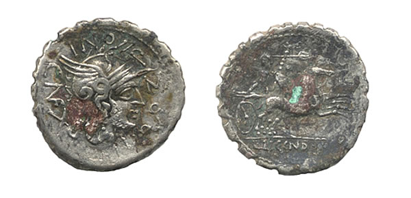 Denarius serratus subaeratus Lucius Pomponius Cn. f. (c. 118 BC). Head of Roma right. L. POMPONI. CNF around, X behind. Reverse: Bituitus in biga right. L•LIC•CN•DOM in exergue.