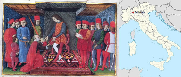 Gerolamo Mangiaria, Sforza Court Audience in the Time of Galeazzo Maria, miniature, Paris, Bibliothèque Nationale