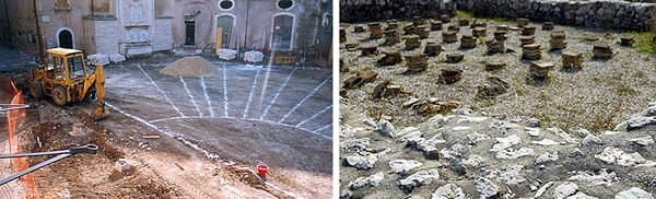 Location of the Roman theater under the main town square, and remains of the baths. - Corfinio (L'Aquila, Italy)
