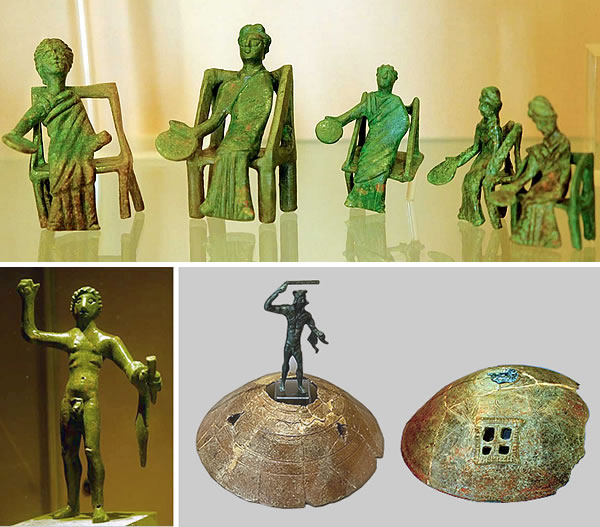Bronze votive offerings depicting women making offerings, and Hercules Curinus with his attributes (club and lion skin) - Terracotta lids, one still surmounted by a statuette of the deity; incense was placed under the lid, producing smoke. - Civic Archaeological Museum - Municipality of Corfinio (L'Aquila, Italy)