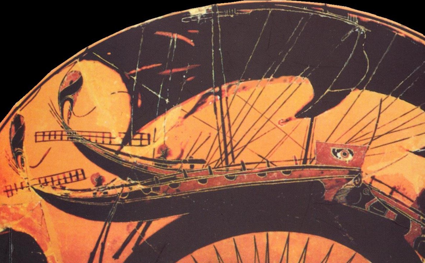 An ancient greek ship. On the bow, the apotropaic ophthalmos (eye) and the ram (shaped as a wild boar)
