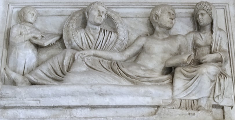 The marble funerary relief of young Roman man (early second century CE) found in the Monumentum Liviae, Rome