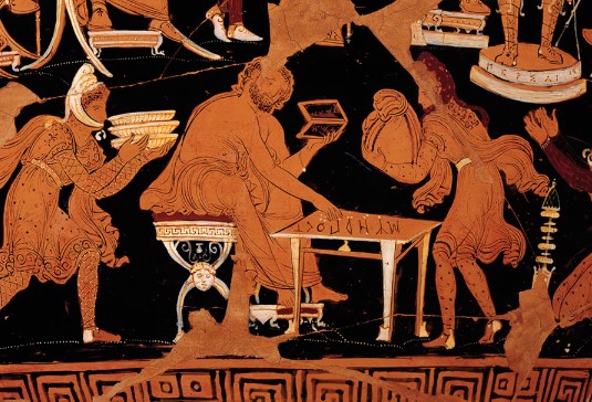 A detail of the treasurer depicted on the so-called Vase of Darius (4th century BCE), who uses a token abacus - Naples, National Archaeological Museum