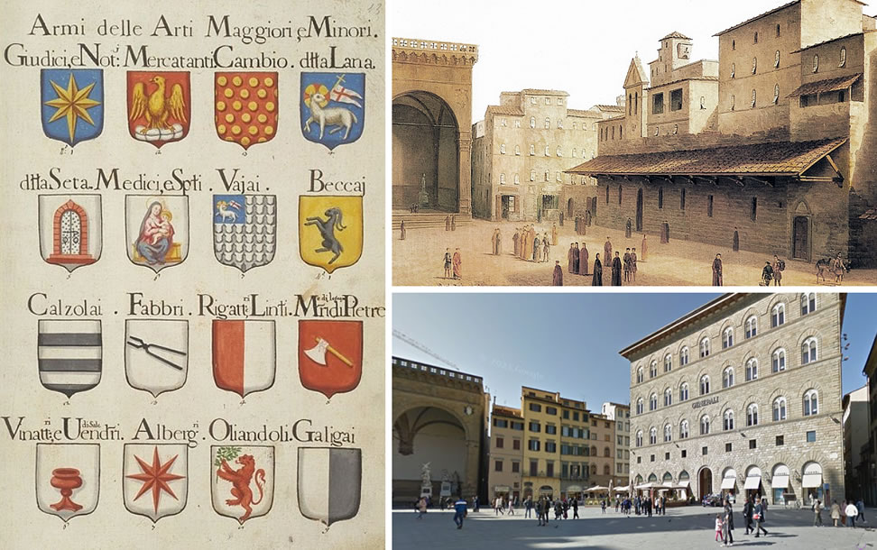 Emblems of the major and minor Florentine Arts (AS Firenze, Fondo Manoscritti, 471, c. 13, XVIII century) The third emblem on the top is those of the Art of Exchange (Cambio) - View of Ancient Florence by Fabio Borbottoni (1820-1902), 1850 and today. The destroyed canopy of the Pisans that covered the seat of the Art of Exchange, on the right.