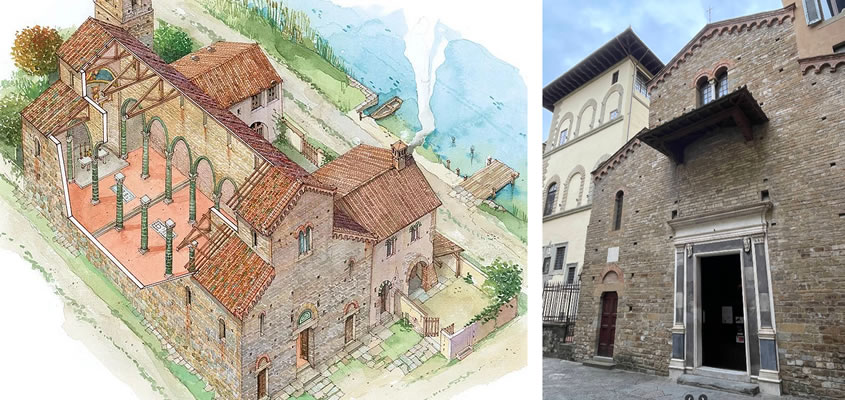 The image is a hypothetical reconstruction of the Church of the Holy Apostles in the Middle Ages and highlights the its vicinity to the Arno river; an aspect that isn’t gathered easily, since the church, due to its small size, is almost partly hidden by the modern buildings of the Lungarno.