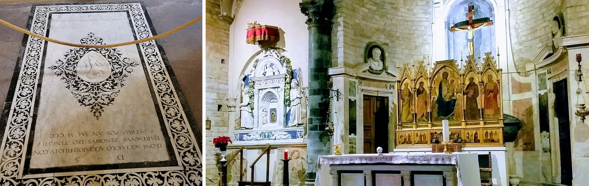 The tombstone of Leone Acciaiuoli (Ortona, 1220 ca. – Florence, 1300) in the Church of the Holy Apostles, Florence. He was a Gugliarello's son and become a famous sailor: he reached the island of Chios by three galleys and brought to Ortona the relics of the Apostle Thomas, during 1258. Chios was considered the island where the Apostle Thomas, after his death in India, had been buried. - Eucharistic tabernacle (ca 1512) by Andrea Della Robbia, on left. Around 1512, Giovanni Acciaiuoli commissioned Andrea della Robbia to do the Eucharistic Tabernacle in polychrome glazed terracotta for the Church of the Holy Apostles. The tabernacle was placed on the left aisle of the church, above the tomb of Donato Acciaioli the old (?-1333), great-grandson of Gugliarello, which was made by an unknown sculptor in 1333.  Giovanni Acciaiuoli (1460-1527) - son of Pietro - participated actively in political life of his city, and was a bitter opponent of Medici. He died of plague in Florence in 1527.
