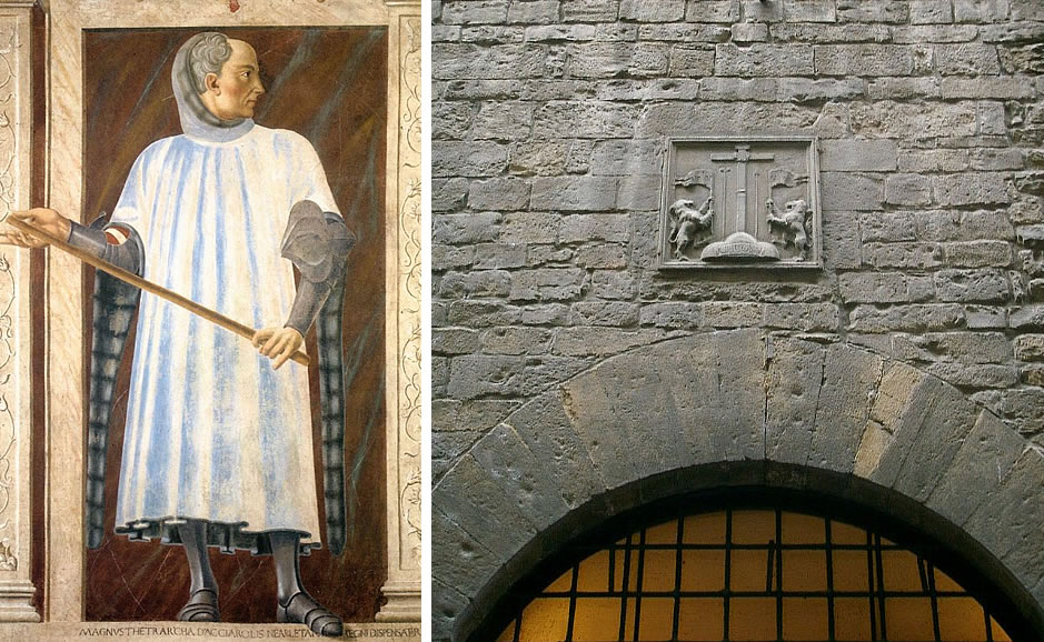 Fresco of Niccolò Acciaiuoli by Andrea del Castagno in the Uffizi. - A detail of palace at 8, via Borgo dei Santi Apostoli, the Certosa plaque.