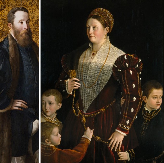 Portrait of Marquis Pier Maria Rossi (1535–1538) and Camilla Gonzaga with three of their ten sons (c. 1539–1540) by Parmigianino. Likely Troilo, Ippolito, and Federico. — Prado Museum, Madrid.