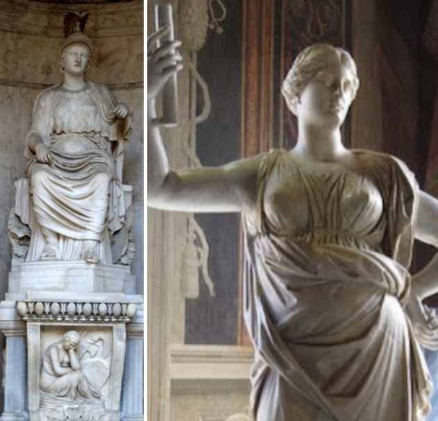 Colossal seated statue of Roma from the Cesi Collection, Hadrianic period (117–138 AD), after a 5th-century BC Greek original. Juno Cesi (female statue), 2nd century BC, New Palace, Capitoline Museums, Rome. Its high quality and parallels with Pergamene sculptures suggest a Pergamene original. Entered the museum in 1733 from the Cesi Collection.