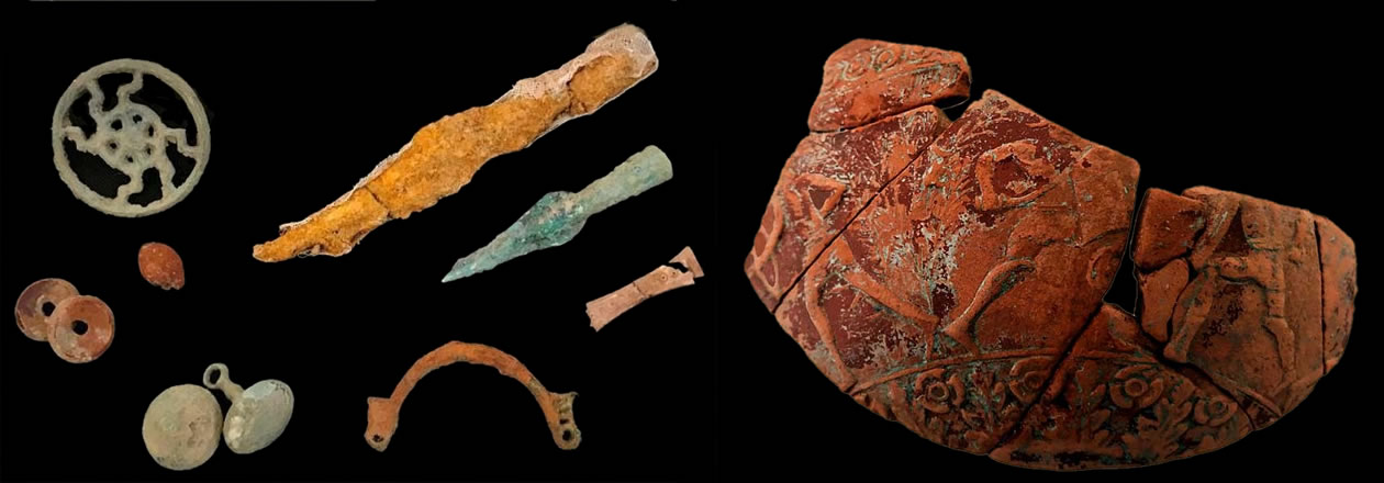 Some finds discovered at Gatteo's military encampment. Note the iron fibula, frequently supplied to the army. - On right, a find discovered at Gatteo's military encampment