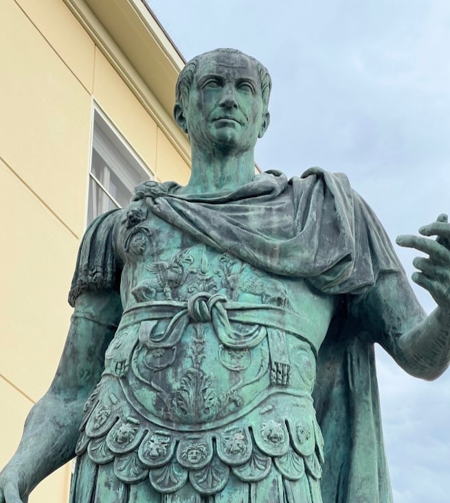 Savignano sul Rubicone, Statue of Julius Caesar at the old bridge (I CE) across the Rubico at Savignano View
