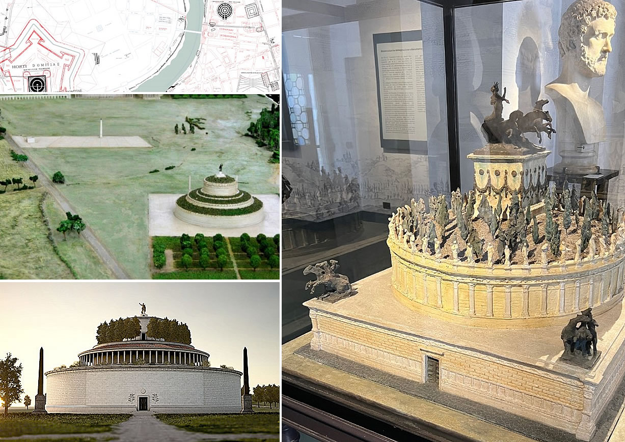 Location of Hadrian's Mausoleum (left) and Augustus's Mausoleum (right). Below: Model of Octavian's Mausoleum - Model of Hadrian's Mausoleum: Showing the base, the circular structure, the mound, and the small temple topped by the Quadriga of the Sun - Graphic Reconstruction of Hadrian's Mausoleum.