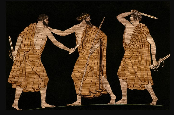 The lovers Aristogeiton and Harmodius kill the tyrant Hipparchus in the Athens of the VI century BCE, Greek vase (stamnos) by the Syriskos Painter, 475–470 BC