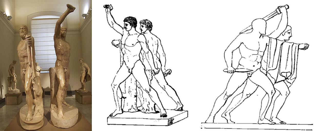 Harmodius and Aristogeiton, the Tyrannicides. These are Roman copies of the lost Athenian originals, from Hadrian's Villa in Tivoli, and are now housed in the Archaeological Museum in Naples. The head of Aristogeiton (the older man) is missing and has been restored based on a copy in the Conservatori Museum in Rome. Height: 1.95 m, including the plinth. The drawing illustrates the correct arrangement of the Tyrannicide group, Harmodius and Aristogeiton.