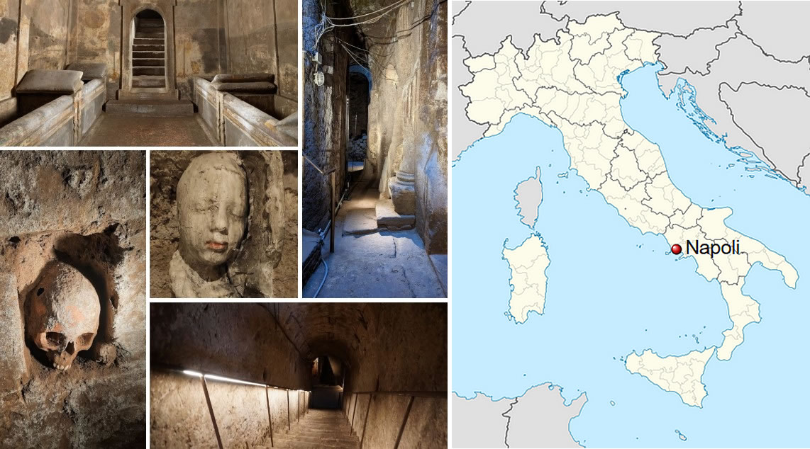 The Hypogeum of the Cristallini - At the center of the image, a child's face, crafted in plaster and wax, by Christian Leperino (2022)