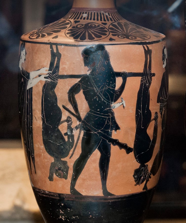 Oxford’s lekythos shows Heracles and the hung Cercopes between Theia and an old man. Attic black-figured lekythos. Made in Athens (about 550-500 BCE). Oxford, Ashmolean Museum.
