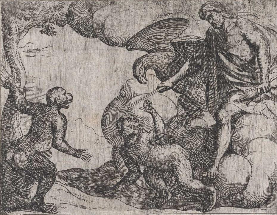 Plate 132: Jupiter Changing the Cercopians into Monkeys (Cercopes bonorum insidiatores in Simias Iupiter transformat), from Ovid's 'Metamorphoses'