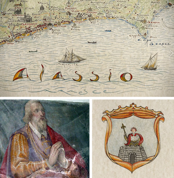 Historical map of Alassio by Giovanni Pazzano; Painting of Aleramo by Guglielmo Caccia, known as 'il Moncalvo', 17th century, preserved in the church of Grazzano Badoglio (Asti); Coat of arms of Alassio.