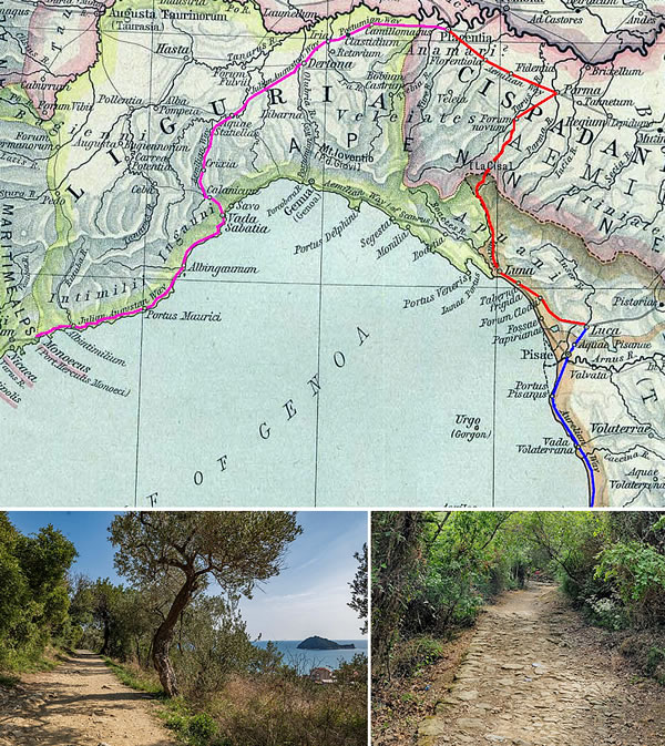 The initial route of the Via Julia Augusta (purple) in ancient Rome; the Via Aemilia-Scauri (red) and the final part of the Via Aurelia (blue) leading to Rome. Below, two stretches of the Via Julia Augusta or via de Alaxio.
