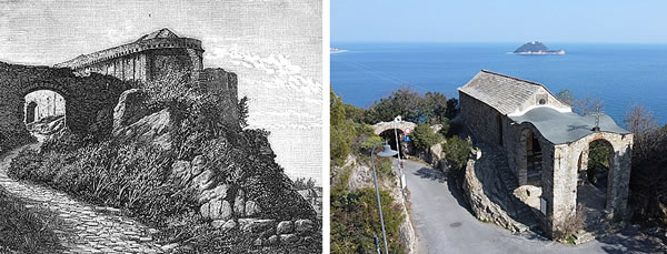 Holy Cross Church in a late 19th-century print and today