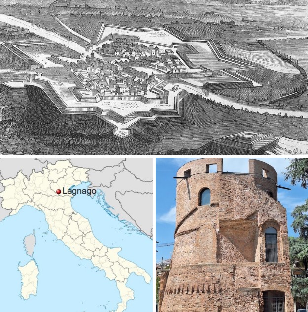 The 16th-century fortress of Legnago in an 1867 print and the remains of one of its towers