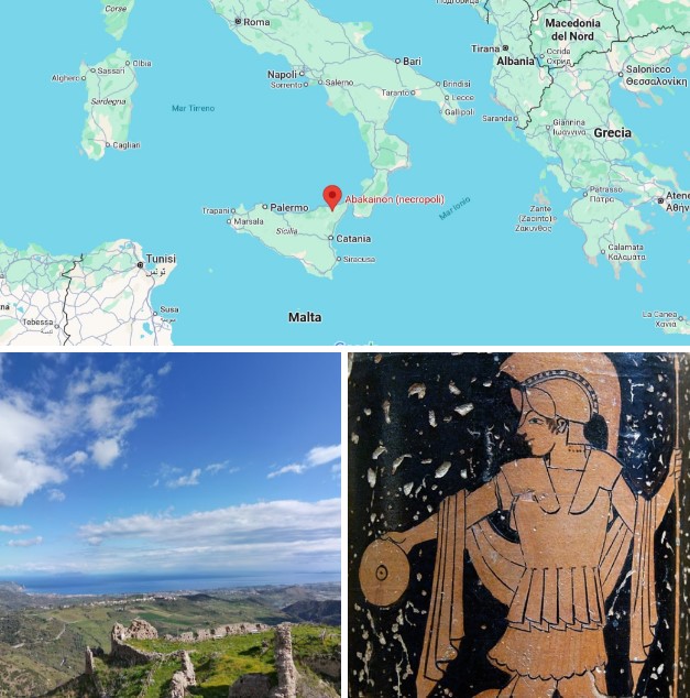 View of the Tyrrhenian Sea from Abacaenum or Abakainon and a Sicilian warrior with a phiale (departing?). Attic red-figure lekythos (Gela, Italy, 480-460 BC) - Archaeological Museum in Palermo, Italy