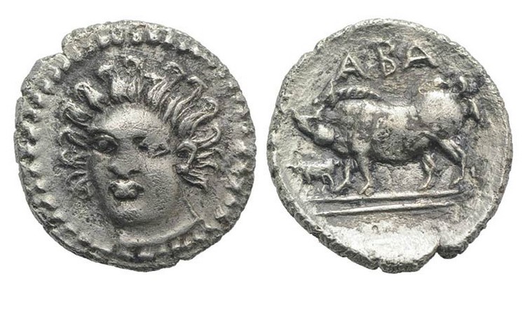 Sicily, Abakainon, c. 410-400 BC. AR Litra (10mm, 0.65g, 7h). Head of female facing slightly l. R/ Sow and piglet standing.