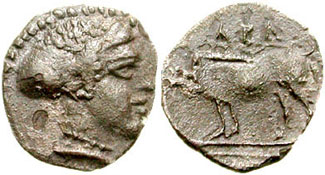 Sicily, Abakainon. Circa 465-392 BCE. AR Hemilitron (0.22 gm). Head of a nymph right, hair in ampyx and sphendone. Boar standing left.