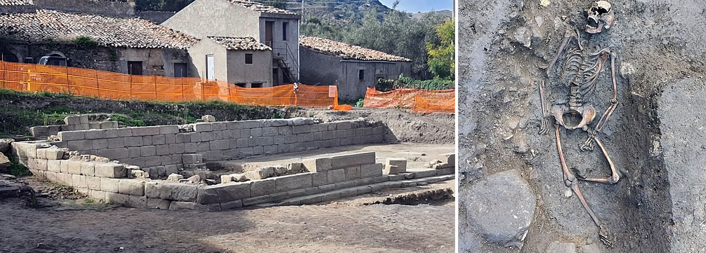 Abakainon: A porticoed stoa from the Hellenistic-Roman period, built with large double-curtain walls of squared ashlar blocks laid in isodomic courses, allowing the space to be identified as the city’s agora/forum. - A burial inhumation of an adult male, placed in an earthen pit; a pentanummium of Justinian I, a pierced bronze coin used as a pendant found near the ribs, dates the burial to between the second half of the sixth and the seventh century AD, when the area had already fallen out of use