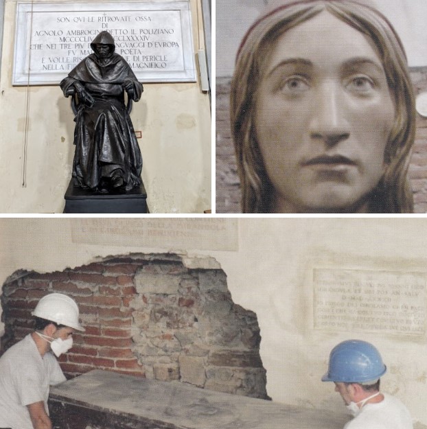 Tombs of Giovanni Pico, Girolamo Benivieni, and Angelo Poliziano with the statue of Savonarola in front, Basilica of San Marco, Florence - Opening of Pico's coffin in 2007 and his 2018 facial reconstruction.