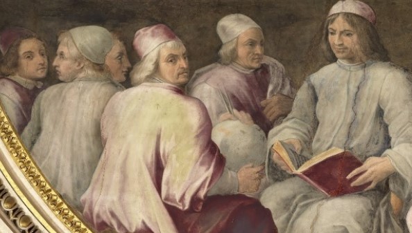 Painting by Giorgio Vasari (c. 1556) in Palazzo Vecchio, Florence. Giovanni Pico is the fourth figure to the left of Lorenzo de' Medici, with Angelo Poliziano behind him.