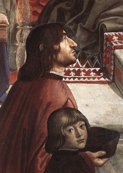 Angelo Poliziano and Piero de' Medici on 'Confirmation of the Franciscan Rule' (c.1485) by Domenico Ghirlandaio (1448–1494), in Basilica of the Holy Trinity (Cappella Sassetti), Florence. In 1475, the Magnificent appointed Poliziano as tutor to his son Piero and invited him to reside at the Medici Palace, also entrusting him with the role of his personal secretary