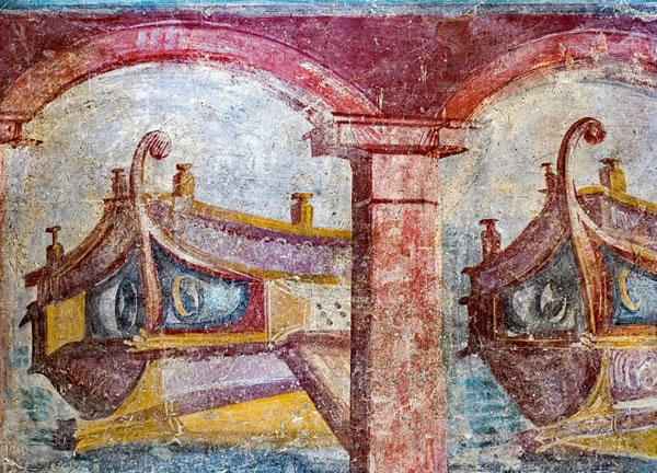 Roman warships ashore in the navalia. Fresco from Pompeii (VI 17 9-11) - National Archaeological Museum of Naples.