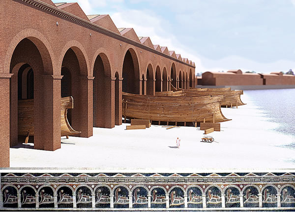 A 3d reconstruction of the building, and a depiction of shipsheds on a mosaic from Rome, Via Ardeatina (1st century BC) - Vatican Museums.