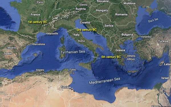 Territorial spread of the name italy over the centuries